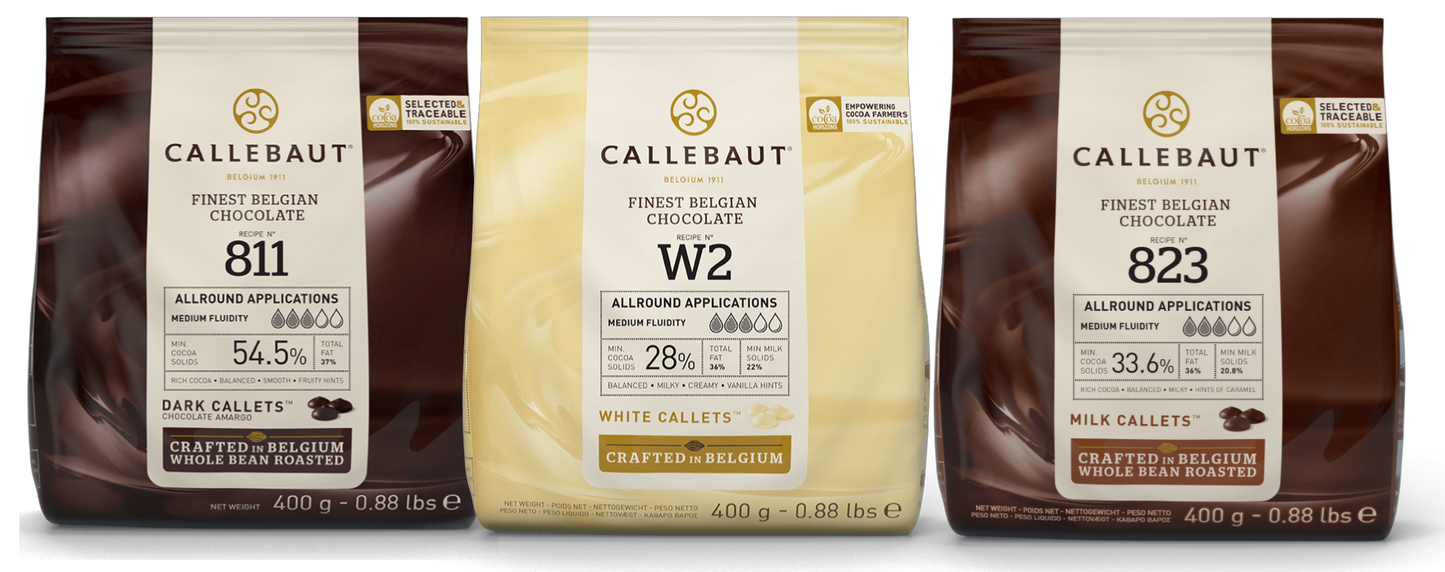 Callebaut Chocolate Bundle 3x400g Milk, Dark and White couverture callets