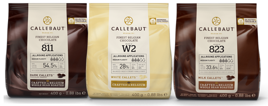 Callebaut Chocolate Bundle 3x400g Milk, Dark and White couverture callets